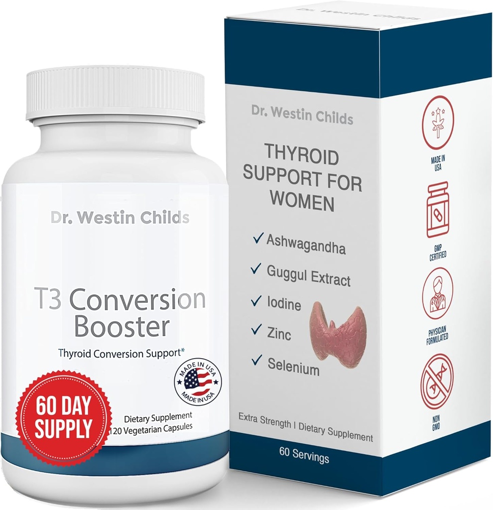 Dr. Westin Childs - T3 Conversion Booster - Thyroid Support for Women with Hypothyroidism & Hashimoto’s - Iodine, Ashwagandha, Guggul Extract, Selenium & Zinc Complex - 60 Servings