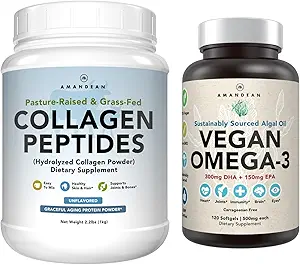 Healthy Skin & Joints Bundle - Premium Vegan Omega-3 (120 Κάψουλες) από Marine Algae + Grass-Fed Collagen Peptides Powder (1kg - 100 Servings) Μη ΓΤΟ. Ραδιενεργό δέρμα, αρθρώσεις, οστά & Graceful γήρανση