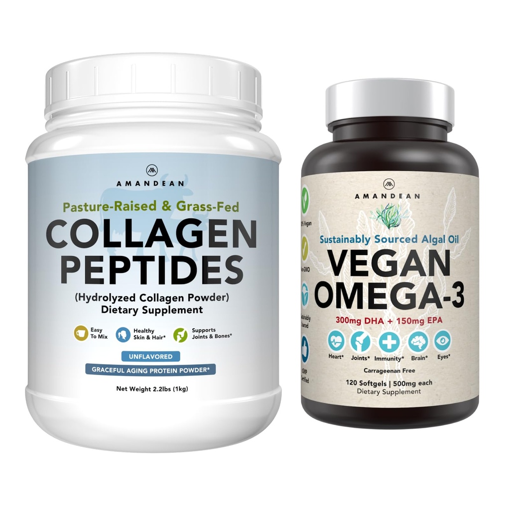 Healthy Skin & Joints Bundle - Premium Vegan Omega-3 (120 Κάψουλες) από Marine Algae + Grass-Fed Collagen Peptides Powder (1kg - 100 Servings) Μη ΓΤΟ. Ραδιενεργό δέρμα, αρθρώσεις, οστά & Graceful γήρανση