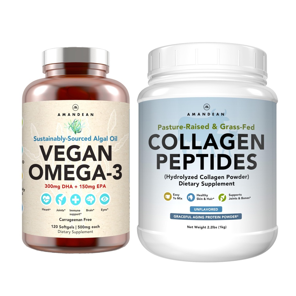 Healthy Skin & Joints Bundle - Premium Vegan Omega-3 (120 Κάψουλες) από Marine Algae + Grass-Fed Collagen Peptides Powder (1kg - 100 Servings) Μη ΓΤΟ. Ραδιενεργό δέρμα, αρθρώσεις, οστά & Graceful γήρανση