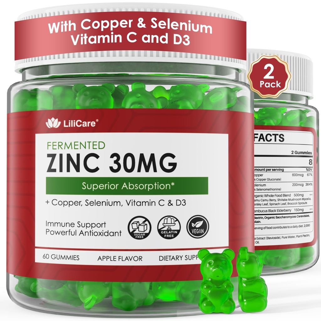 Zinc Gummies + Χαλκός, Σελήνιο, Βιταμίνη C & D3, Συμπληρώματα ζυμωμένου ψευδαργύρου για γυναίκες και άνδρες με Elderberry για καθημερινή ανοσοποιητική υποστήριξη, ισχυρό αντιοξειδωτικό, υψηλή απορρόφηση, Vegan, Χωρίς ζάχαρη, 2 συσκευασία