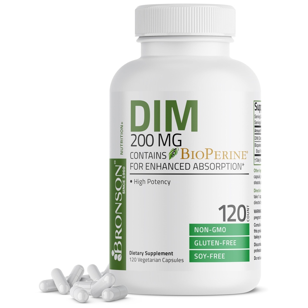 Bronson DIM συμπλήρωμα 200 MG Diindolymethane με BioPerine για ενισχυμένη απορρόφηση, οιστρογόνο μεταβολισμό & διατηρεί ισορροπημένα επίπεδα ορμονών, 120 κάψουλες χορτοφάγων