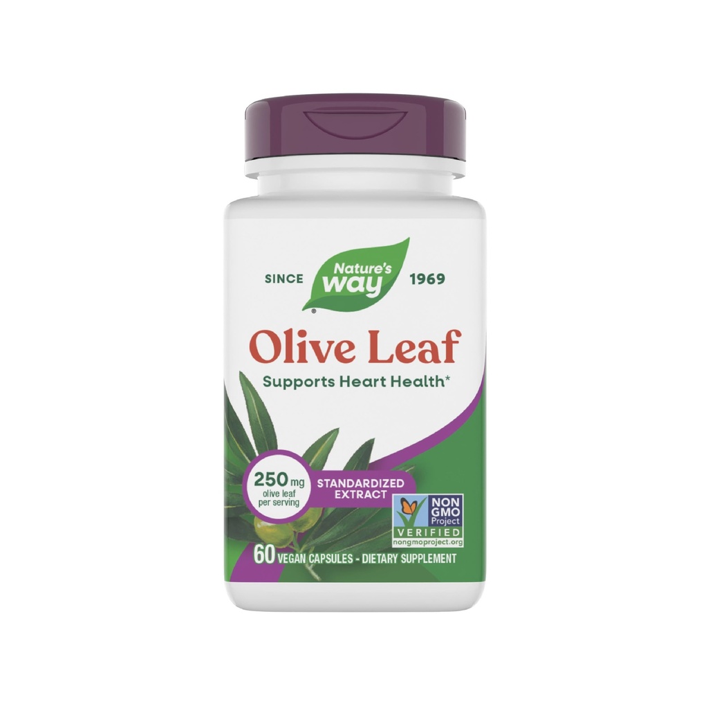 Nature's Way Olive Leaf Premium Extract Supplement, Supports Heart Health*, 250 mg ανά υπηρεσία, Χωρίς γλουτένη, Vegan, 60 κάψουλες (Packaging May Vary)