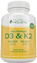 Purely Holistic Vitamin D3 125mcg and Vitamin K2 90mcg MK7-4 Month Supply 150 Vegetarian Capsules - Vitamin D3 & K2 Menaqunione - High Strength Cholecalciferol Made in The USA