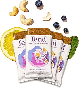 Tend Daily Best Prenatal Vitamin Bar, Made with Organic Ingredients for Pregnant & Postpartum Mothers, Includes DHA, Vitamin D, B, Choline, Folate - Lemon Berry (4ct)