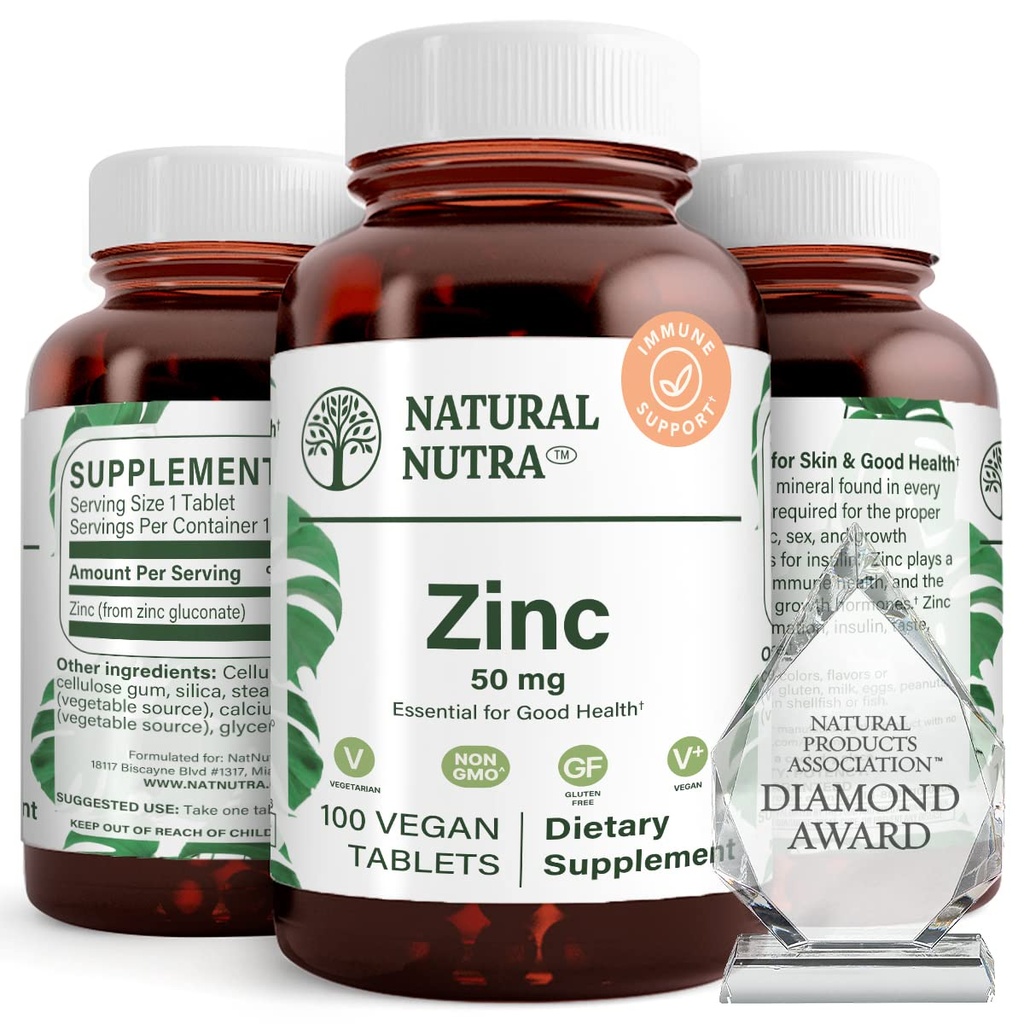 Natural Nutra Zinc Gluconate 50mg συμπλήρωμα για την ανοσοποιητική υποστήριξη, προωθεί την υγεία του δέρματος, παρέχει ευκολία από τη γρίπη & κρύο, ενίσχυση της μάθησης & μνήμης, ενίσχυση της γεύσης & οσμής, χωρίς γλουτένη 50mg 100 Vegan δισκία
