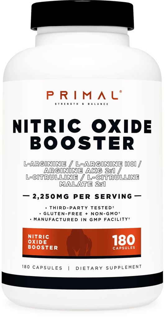 Primal Nitric Oxide Booster (2,250mg Per Serving) (180 Capsules) - 60 Servings