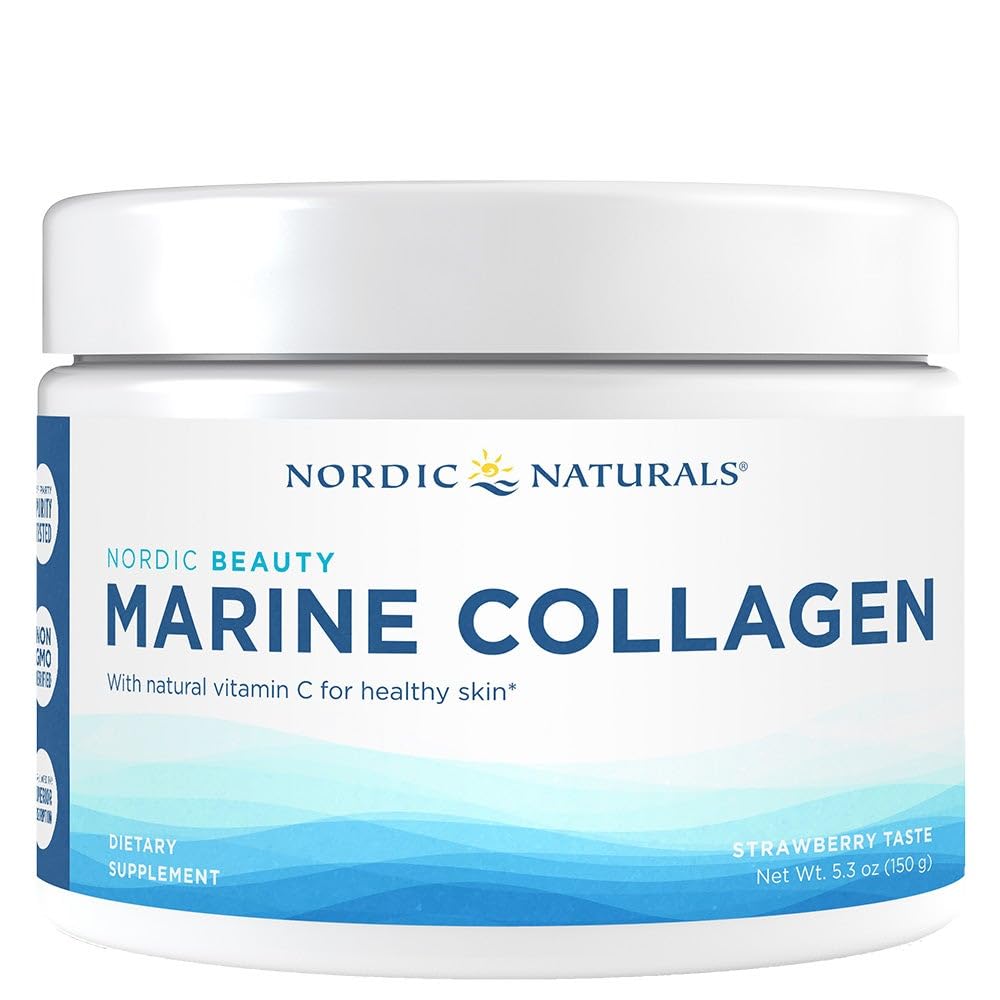 Nordic Naturals Nordic Beauty Marine Collagen Powder, Strawberry - 5.29 Ουγγιά - συμπλήρωμα σκόνης κολλαγόνου για υγιές δέρμα, αρθρώσεις, και οστά, βιταμίνη C για αντιοξειδωτική υποστήριξη - 30 εξυπηρετήσεις