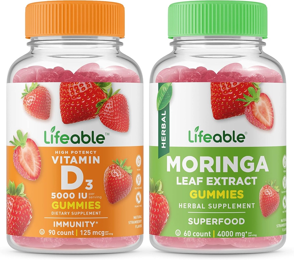 Ζωηρή βιταμίνη D 5000 IU + Moringa Leaf, Gummies Bundle - Μεγάλη γεύση, συμπλήρωμα βιταμινών, χωρίς γλουτένη, GMO δωρεάν, μασώμενη κοιλιά