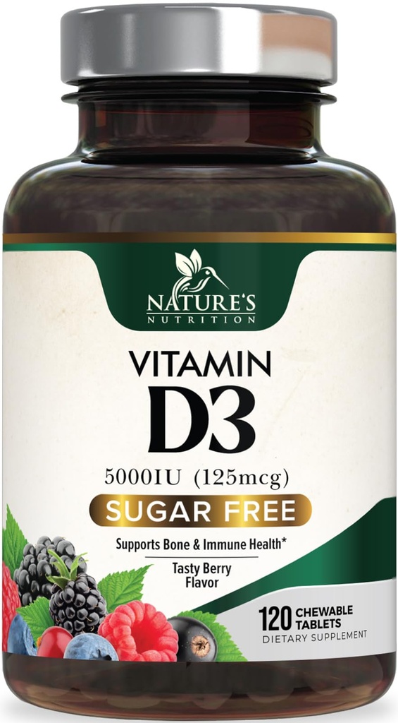 Βιταμίνη D3 5000 IU (125 mcg) Συμπλήρωμα επιπλέον δύναμης βιταμίνης D Μασώμενο για την Ανοσολογική Υποστήριξη - Συμπληρώματα οστών, δοντιών και μυών - Χωρίς ζάχαρη, χωρίς γλουτένη - 120 δισκία
