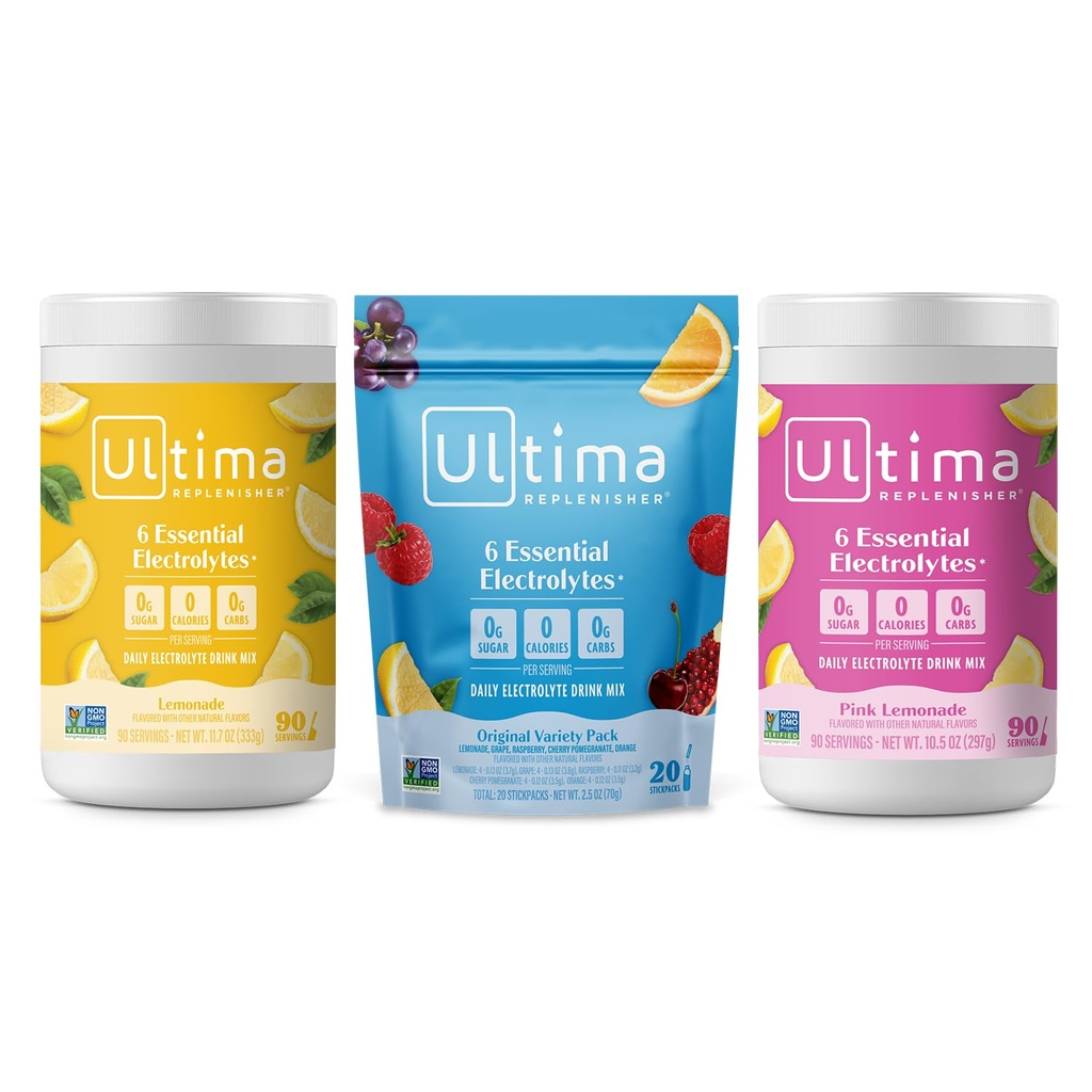 Ultima Replenisher Ηλεκτρολυτικό Ποτό σε σκόνη Mix Bundle – Χωρίς ζάχαρη – Λεμονάδα, Pink Λεμονάδα, Ποικιλία-90 Σερβιέτες, 20 Stickpacks– 6 Ηλεκτρολύτες και Ορυκτά – Κετοφιλικά, Vegan, Μη ΓΤΟ
