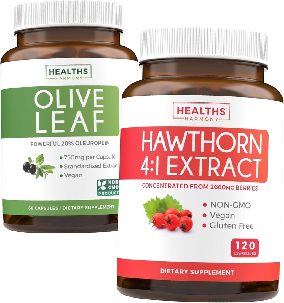 Bundle of Olive Leaf Extract & Hawthorn Berry Extarct - Healthy Herbs Bundle - Olive Leaf Extract με 20% Oleuropain & Hawthorn Berry 4:1 Extract - Συμπυκνωμένο από 2660mg Φρέσκα μούρα (120 Caps)
