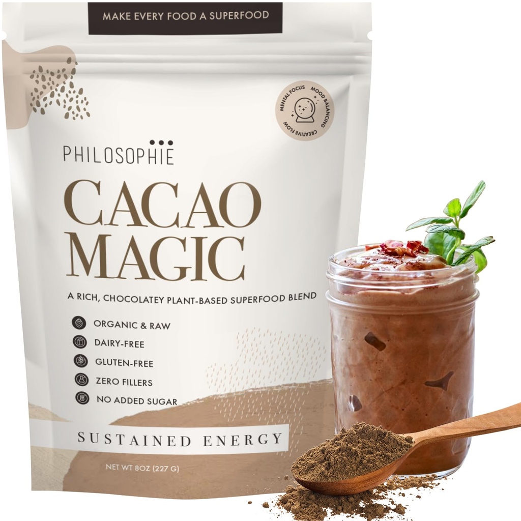 Φιλόσοφη οργανική μείξη μαγικών τροφίμων Cacao Magic Superfood – Φυτική σκόνη πρωτεΐνης με ακατέργαστο Cacao, Reishi Mushroom & Maca Root – Συμπλήρωμα σοκολάτας χωρίς ζάχαρη Vegan, 32 σερβιέτες
