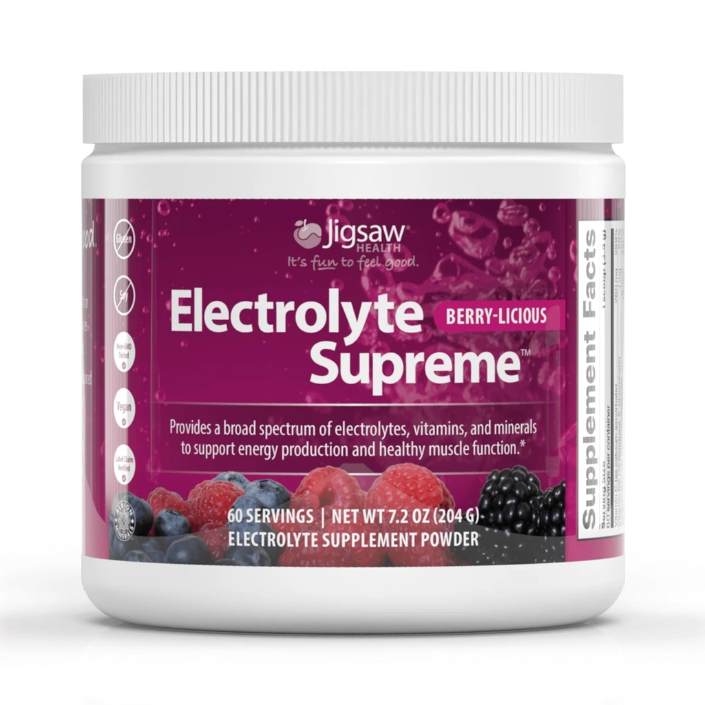 Jigsaw Health Electrolyte Supreme | Broad Spectrum of Electrolytes + Trace Minerals | Berry-Licious Flavor | 60 Servings (Jar)