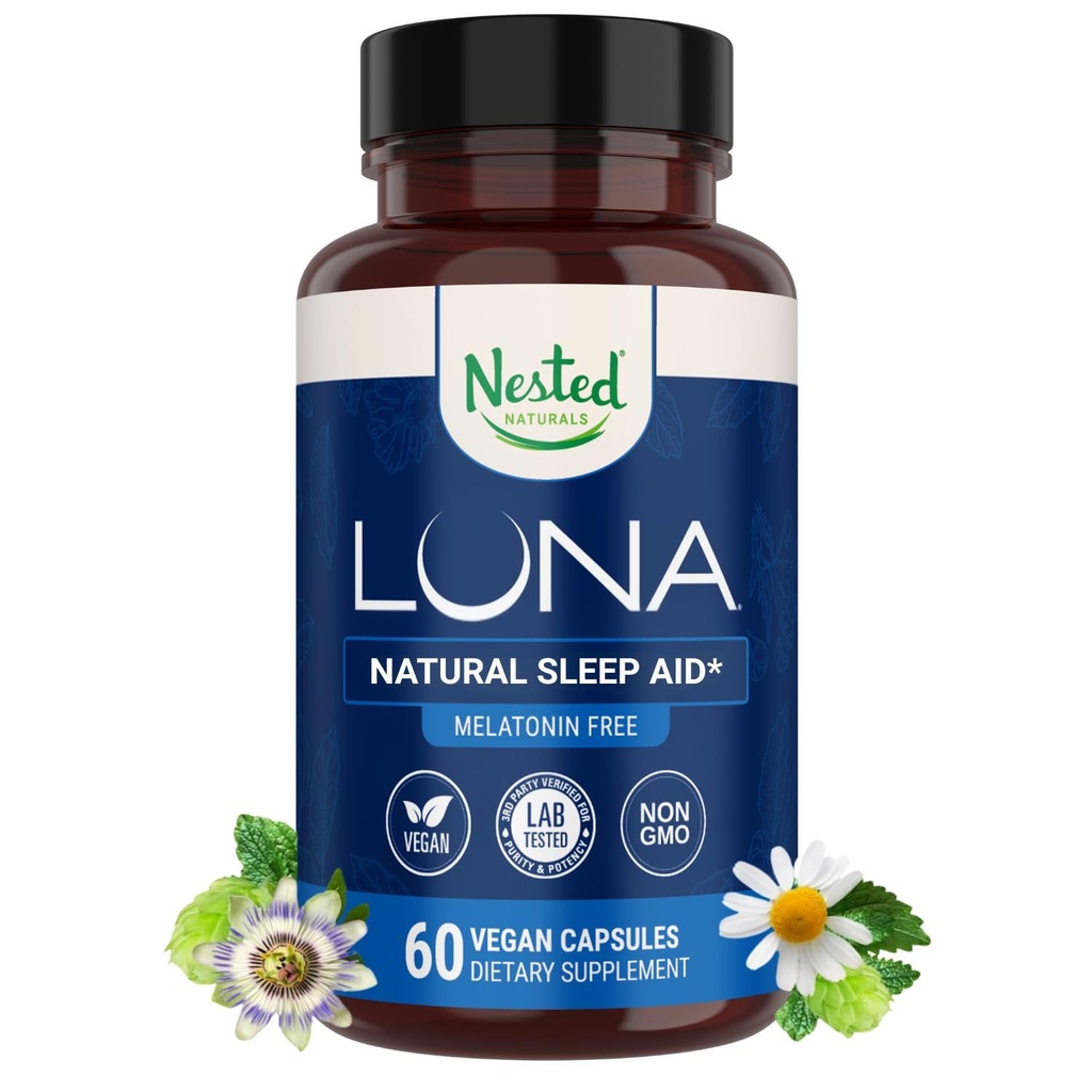 Φωλιασμένα φυσικά Luna συμπλήρωμα ύπνου, Melatonin δωρεάν, μη-Habit που αποτελούν συμπλήρωμα ύπνου, υποστήριξη ενηλίκων κρεβάτι, βοήθεια για τον ύπνο w / χαμομήλι, βαλεριάνα, L-Θεανίνη, 60 κάψουλες Vegan