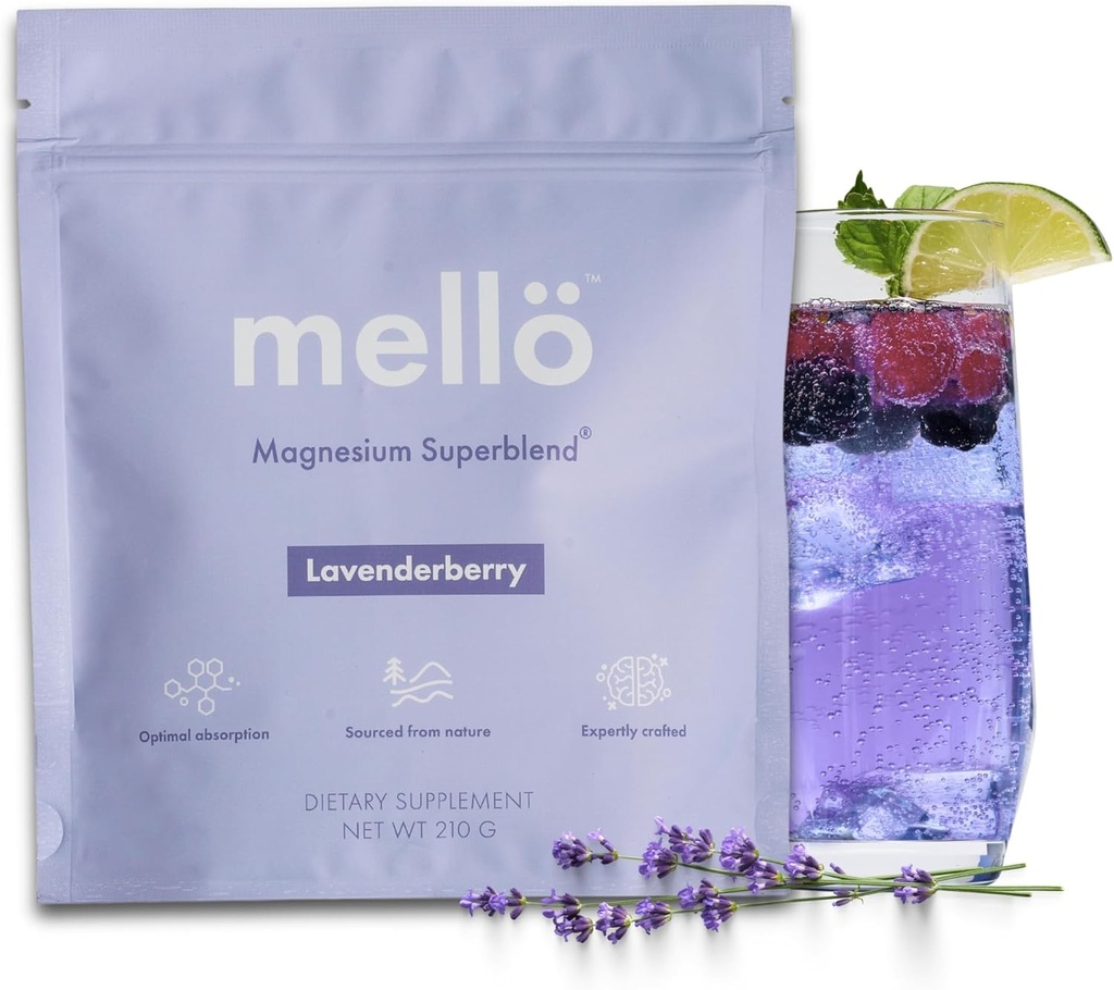 Mellö Magnesium Supplement Superblend Powder - Μαγνήσιο Γλυκινικό με L-Θεανίνη, GABA, και 70 Trace Minerals - Υποστηρίζει τον ύπνο, χαλάρωση, ισορροπημένη ενέργεια - Lavenderberry Flavor, 30 Υπηρεσίες