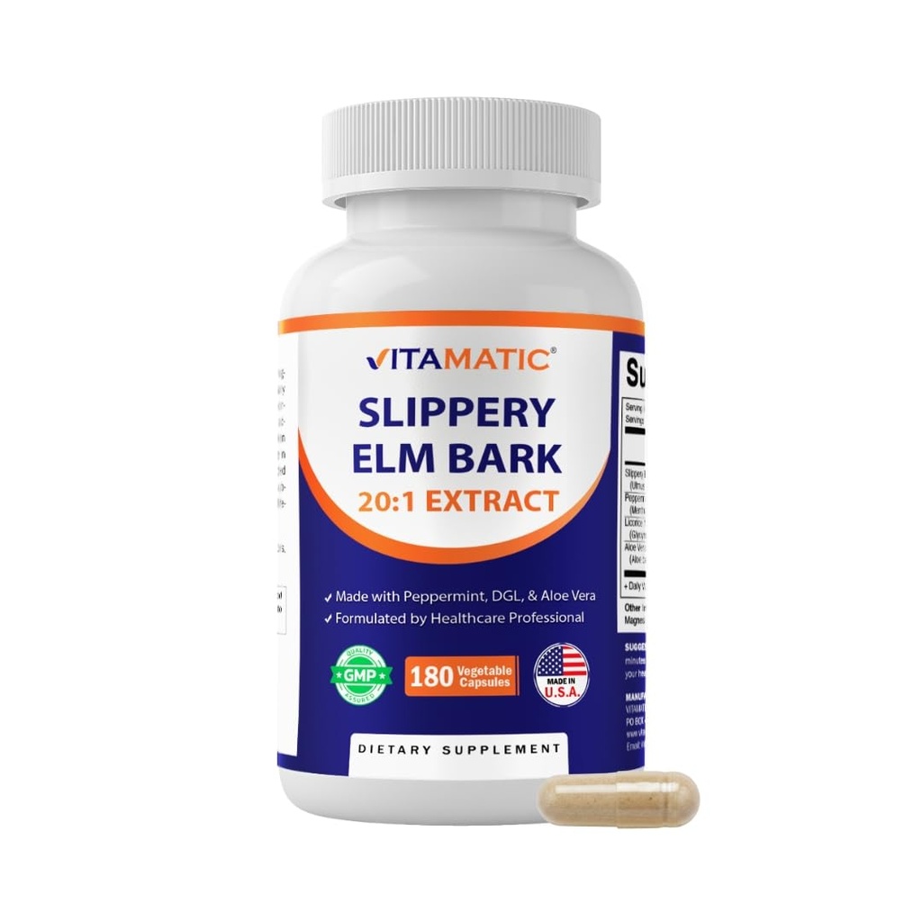 Vitamatic Slippery Elm Bark Capsules – Peppermint, DGL & Aloe Vera Botanical Extract – Plant-Based Extract – Vegan, Non-GMO – 180 Count