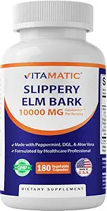 Vitamatic Slippery Elm Bark 10000 mg Equivalent Per Serving (from 20:1 Extract 500 mg), Made with Peppermint, DGL, & Aloe Vera - 180 Veg Capsules, and Concentrated 20X Potency