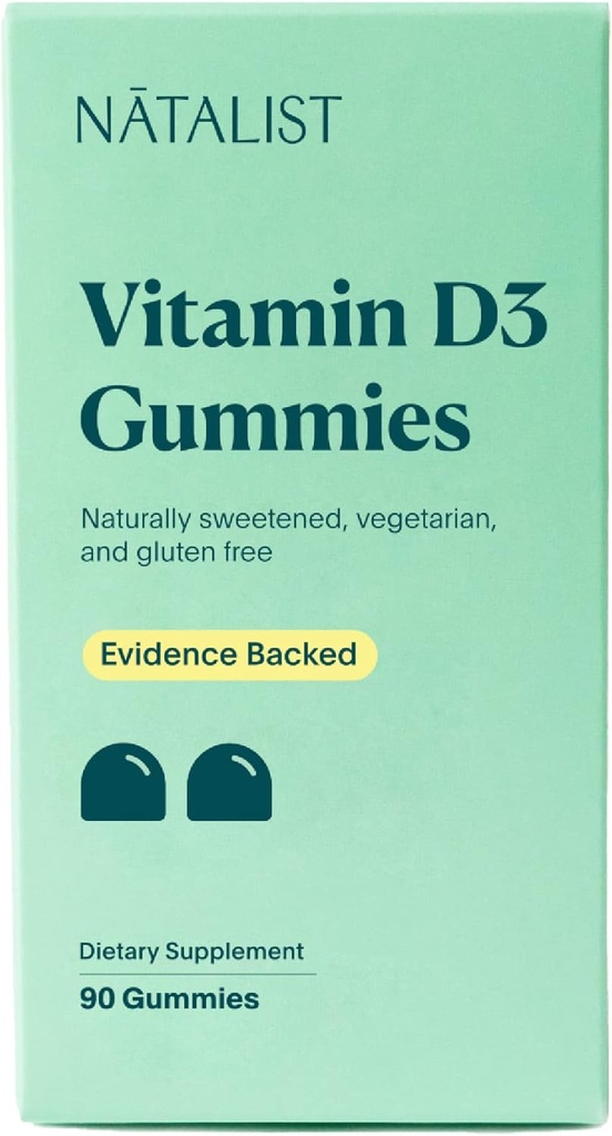 NATALIST Βιταμίνη D3 1000 IU (25mcg) Gummies Υψηλής Ικανότητας Ανοσολογική Υγεία Συμπλήρωμα Υποστήριξης Καθημερινή Υγιή Οστά, Δόντια & Μύες Φόρμουλα για γυναίκες & άνδρες - Χορτοφαγικά, Χωρίς Γλουτένη - 90 Gummies