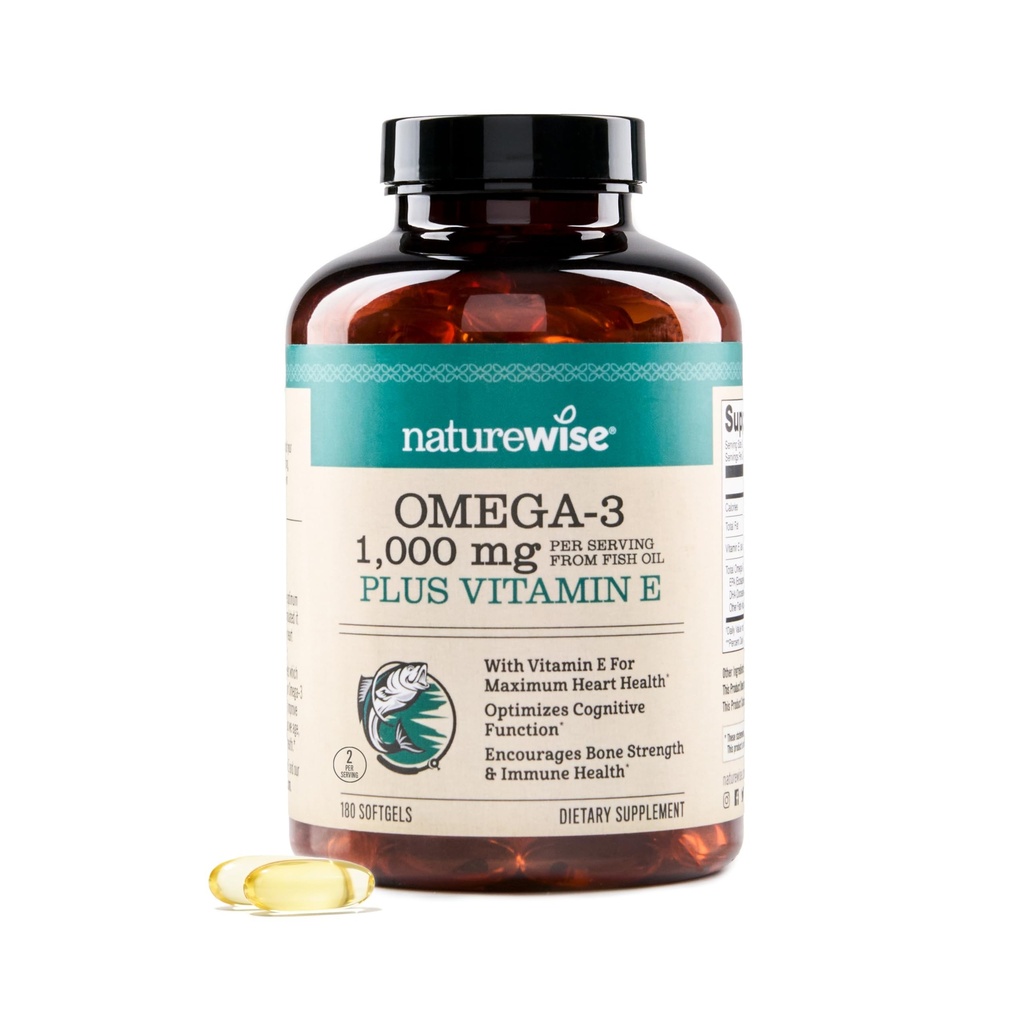 NatureWise Extra-Stength Omega 3 Fish Oil Supplement - 1000mg per Serving - 600 EPA & 400 DHA και βιταμίνη E - Υποστήριξη για την Καρδιά & Εγκεφαλική Υγεία - Γεύση Λεμόνι, GMO-Free - 180 Softgels[3-Month Supply]