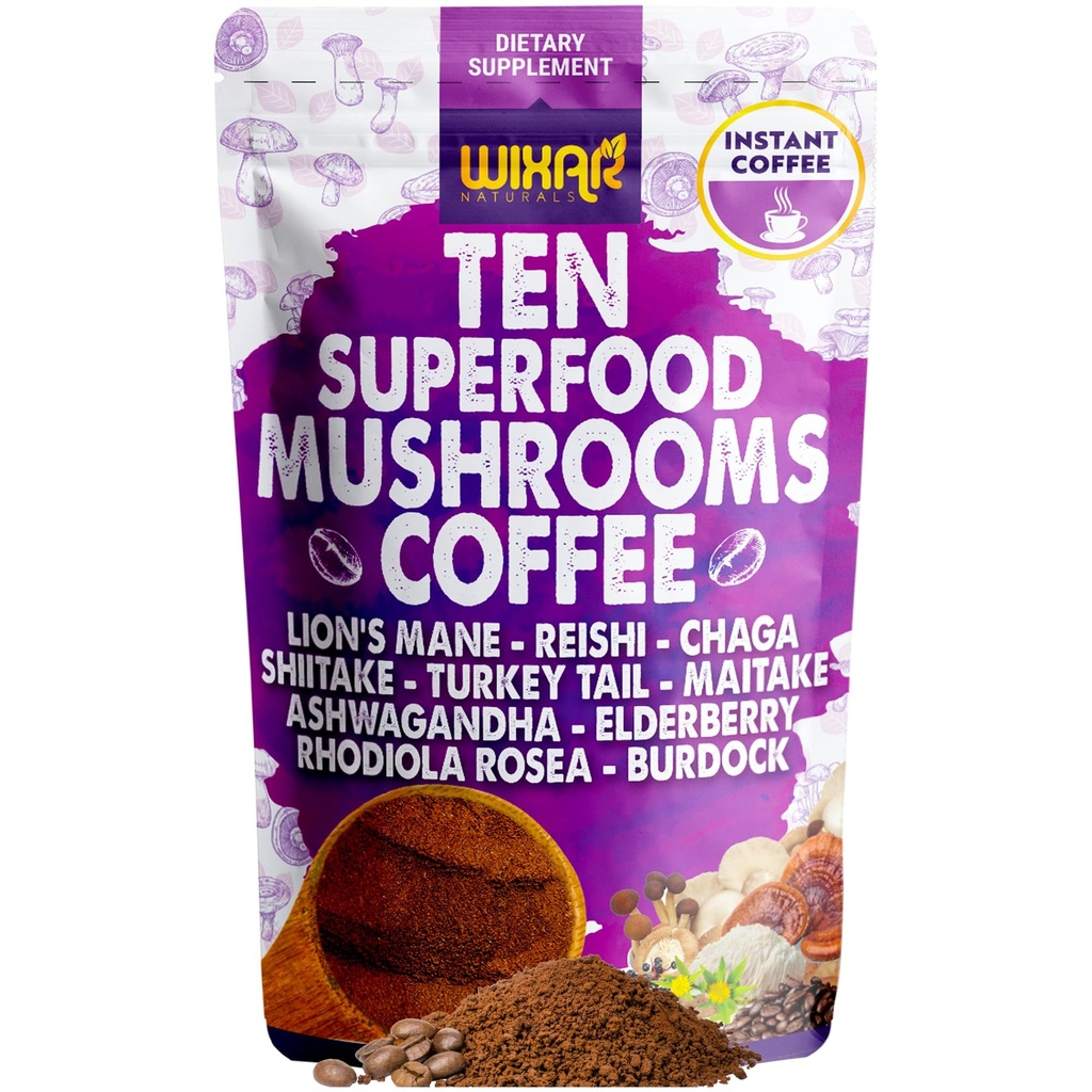 WIXAR Superfood Mushroom Coffee - Instant Coffee Powder, Ten Superfood Extracts with Lion's Mane, Turkey Tail, Reishi, Chaga, Shiitake, Ashwagandha, Rhodiola Rosea, Elderberry, 5oz Mushroom Συμπλήρωμα