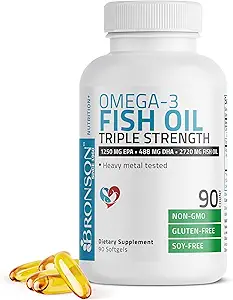 Bronson Omega 3 Fish Oil Triple Strength 2720 mg, High EPA 1250 mg DHA 488 mg, Non-GMO Heavy Metal Tested, 90 Softgels