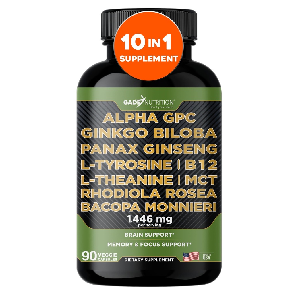 Gade Nutrition Alpha GPC + Ginkgo Biloba + Panax Ginseng + L- Τυροσίνη, L-Θεανίνη, Bocopa Monnieri, Rhodiola Rosea, B12, MCT