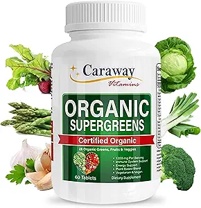 Βιολογικά Superfoods Βιταμίνες Super Greens Complex by Caraway Vitamins 1.350 mg per Serving 28 Φρούτα Λαχανικά Πράσινα 60 Count Tablets Non-GMO Natural for Men & Women