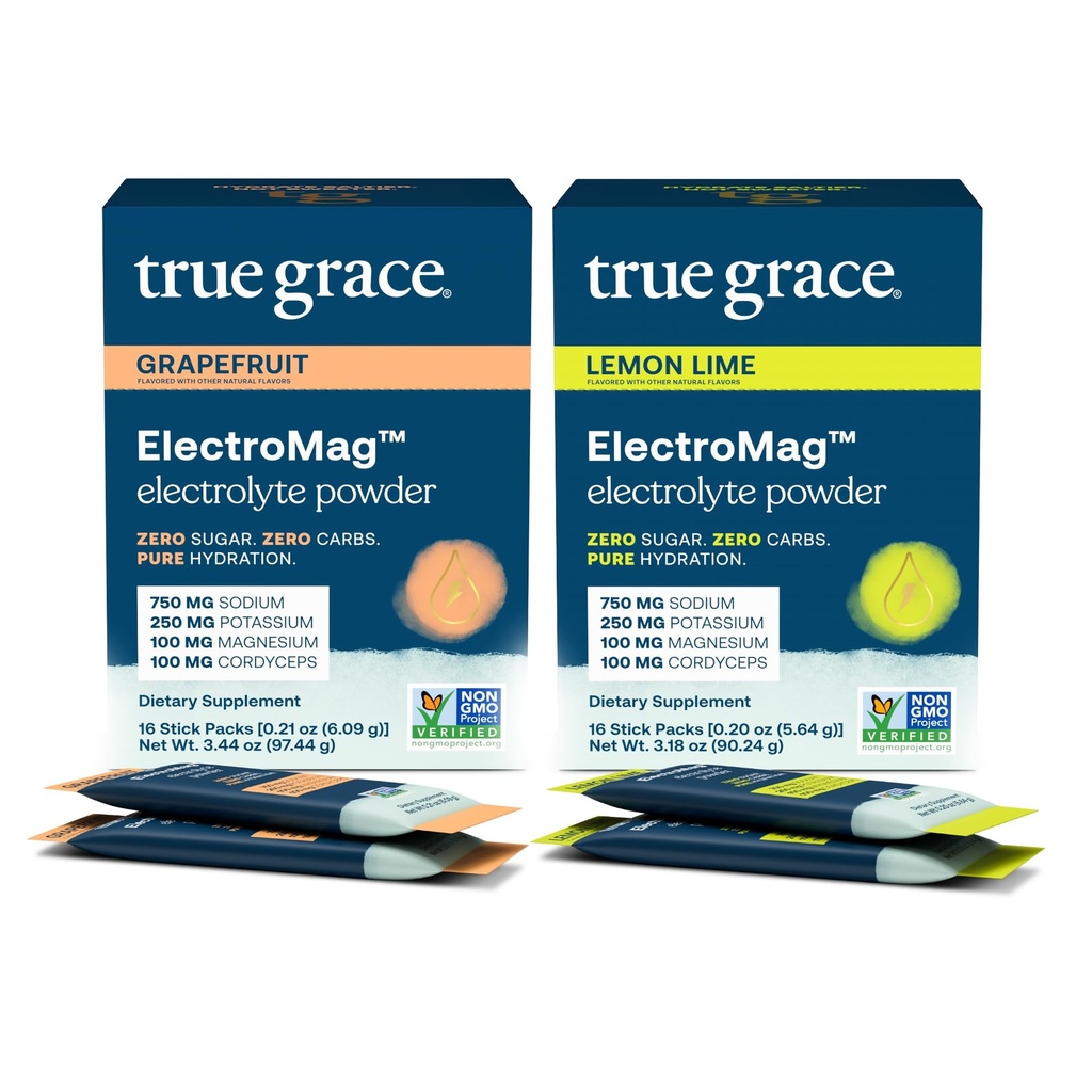 True Grace ElectroMag - Grapefruit (16 Stick Packs) + Lemon Lime (16 Stick Packs) - Ηλεκτρολύτης σε σκόνη για ταχεία ενυδάτωση - Zero Sugar & Carbs - Μη ΓΤΟ - 32 Σύνολο Σερβιέτες