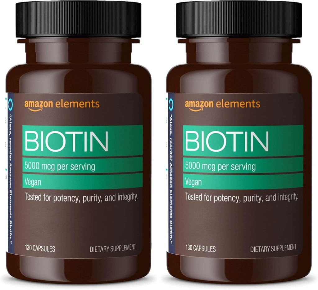 Στοιχεία Vegan Biotin 5000 mcg - Μαλλιά, δέρμα, νύχια, 130 κάψουλες (4 Μήνας Προμήθεια) (Συσκευασία Μαΐου Vary) (Συσκευασία του 2)