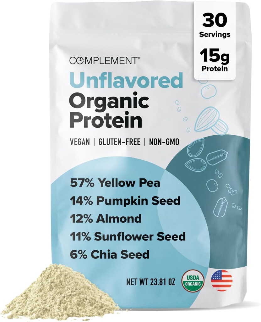 Complement Organic Unflavored Vegan Protein Powder (30 Servings) Low Carb, Low Calorie, Sugar Free, Soy Free, Non-GMO, Gluten Free, Non Dairy- Yellow Pea, Pumpkin Seed- 15g Plant Based Protein Powder