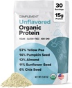 Complement Organic Unflavored Vegan Protein Powder (30 Servings) Low Carb, Low Calorie, Sugar Free, Soy Free, Non-GMO, Gluten Free, Non Dairy- Yellow Pea, Pumpkin Seed- 15g Plant Based Protein Powder