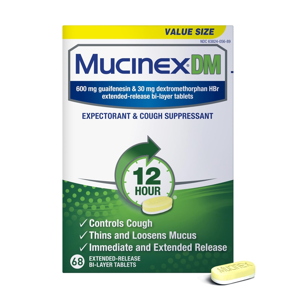 Mucinex DM 12Hr Παθολογία Θώρακος & Βήχας Για Ενήλικες, Ψυχρή και Βήχα Ιατρική για Υπερβολική Ανακούφιση Μούκου, 600 mg Guaifenesin & 30 mg Dextromethorphan HBr, 68 Δισκία Bi- Layer