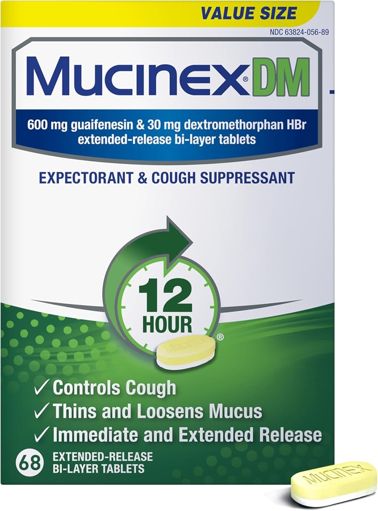 Mucinex DM 12Hr Chest Congestion & Cough Medicine For Adults, Cold And Cough Medicine for Excess Mucus Relief, 600 mg Guaifenesin & 30 mg Dextromethorphan HBr, 68 Bi-Layer Tablets