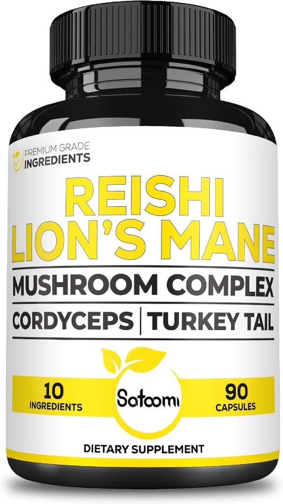 Satoomi Reishi Supplement Complex 5000Mg - 10in1 Συνδυάζεται με Lions Mane, Cordyceps Sinensis, Chaga Mushroom & others - 90 Κάψουλες για 3 Μήνες