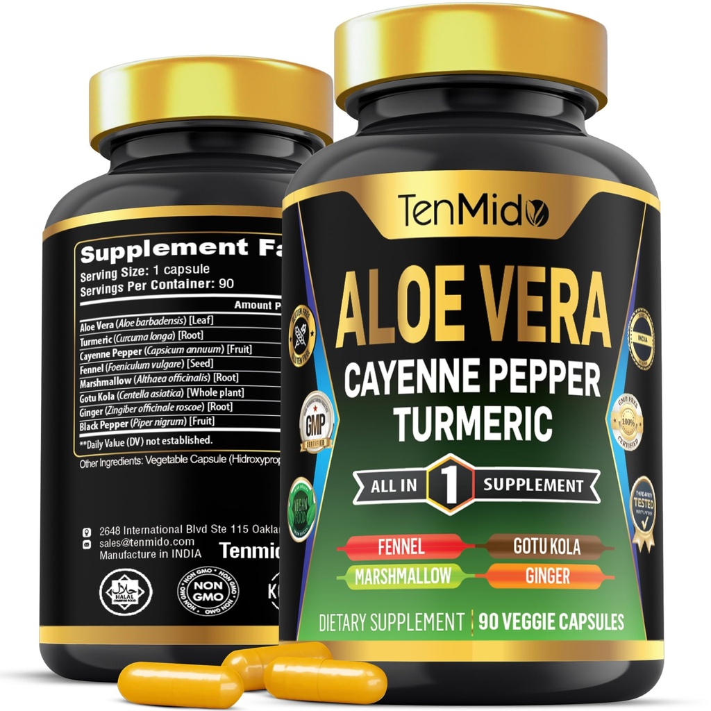 Συμπλήρωμα καψακίων Aloe Vera - 8in1 Formula - Συνδυάστε με Turmeric, Cayenne Pepper, Marshmallow, Fennel, Gotu Kola, Ginger, και Black Pepper - 90 κάψουλες για 3 μήνες προσφοράς
