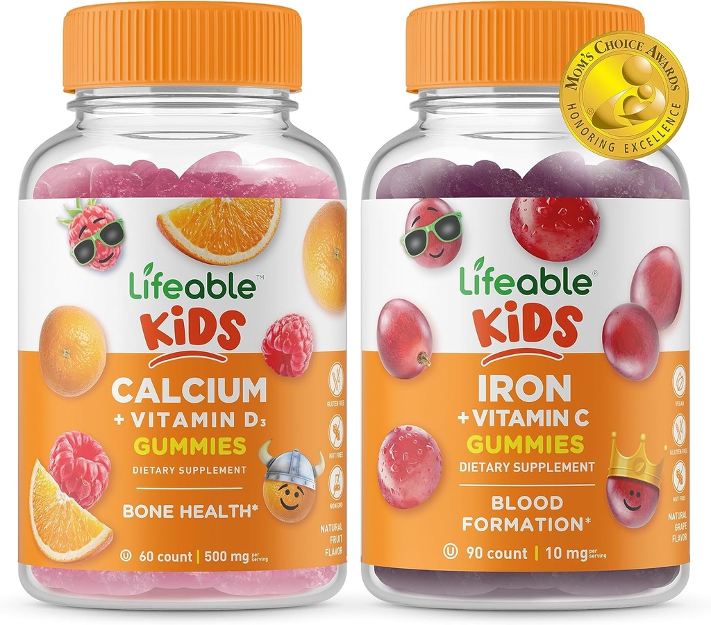 Ζωηρό ασβέστιο με βιταμίνη D Kids + Iron & Vitamin C Kids, Gummies Bundle - Μεγάλη γεύση, συμπλήρωμα βιταμίνης, χωρίς γλουτένη, GMO Δωρεάν, Μασώμενο Gummy