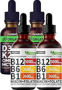 NUSAVA Vitamin B12 Liquid Drops and Unflavored D3 K2 Bundle - Potent Liquid Vitamins for Heart, Joint, Energy, & Immune Support - Non-GMO, Gluten-Free, 2pk Each