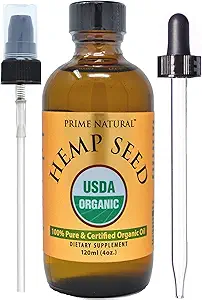 PRIME NATURAL Organic Hemp Seed Oil 4oz - USDA Certified - Sativa Oil - Pure, Cold Pressed, Virgin, Unrefined, Vegan, Food Grade - High Omega 3 6 9 Λιπαρά Οξέα - Καλό για το πρόσωπο, το σώμα, το δέρμα και την περιποίηση των μαλλιών