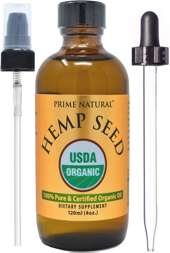 PRIME NATURAL Organic Hemp Seed Oil 4oz - USDA Certified - Sativa Oil - Pure, Cold Pressed, Virgin, Unrefined, Vegan, Food Grade - High Omega 3 6 9 Λιπαρά Οξέα - Καλό για το πρόσωπο, το σώμα, το δέρμα και την περιποίηση των μαλλιών