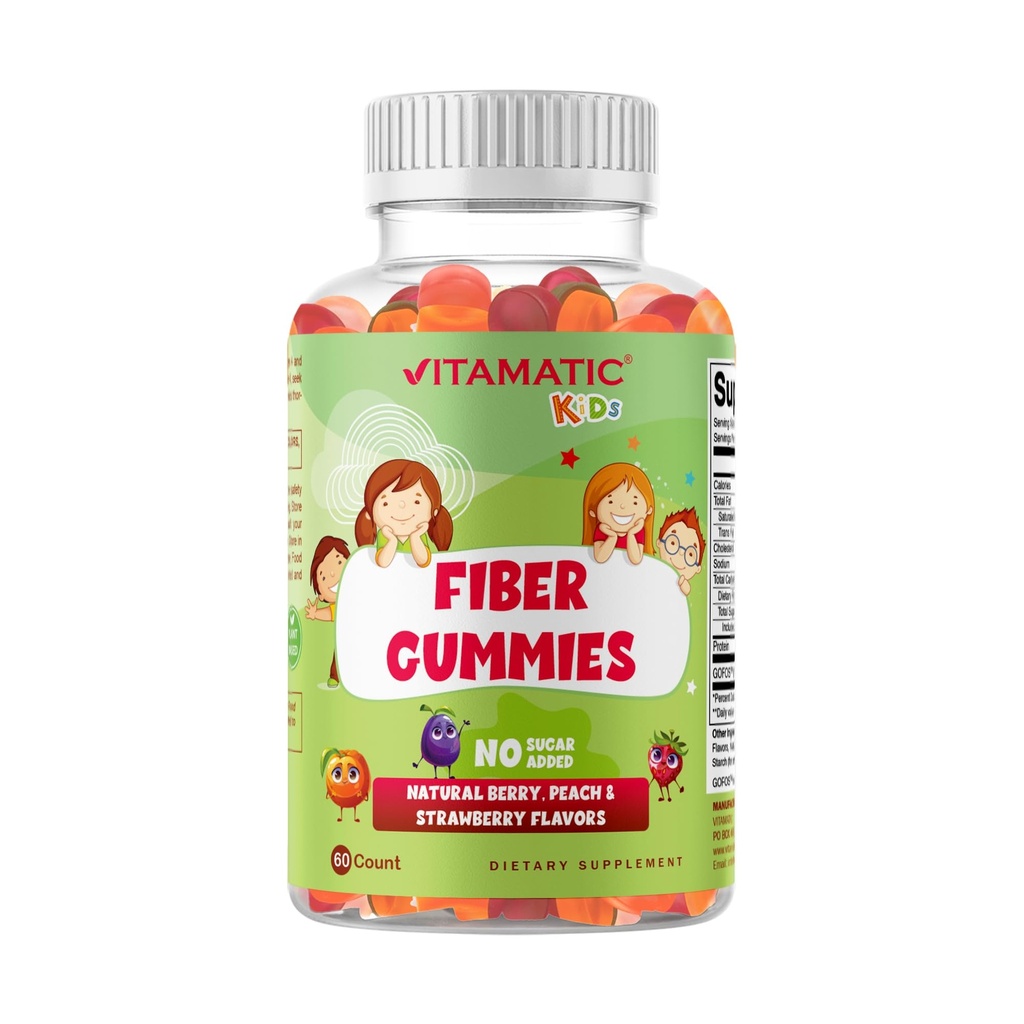 Vitamatic Kids Prebiotic Fiber Gummies – Extra Strength 4g Fiber – Zero Sugar Προστέθηκε – 60 Pectin-Based Gummies – Digestive Health & Regularity Support