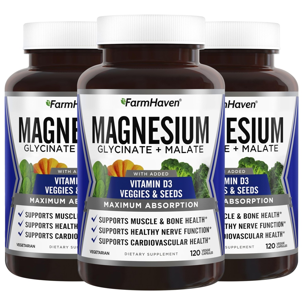 FarmHaven Magnesium Glycinate & Malate Complex w/ Vitamin D3, 100% Χηλικό για μέγιστη απορρόφηση, Vegan – Υγεία των οστών, Νεύρα, Μύες, 360 κάψουλες, 180 ημέρες