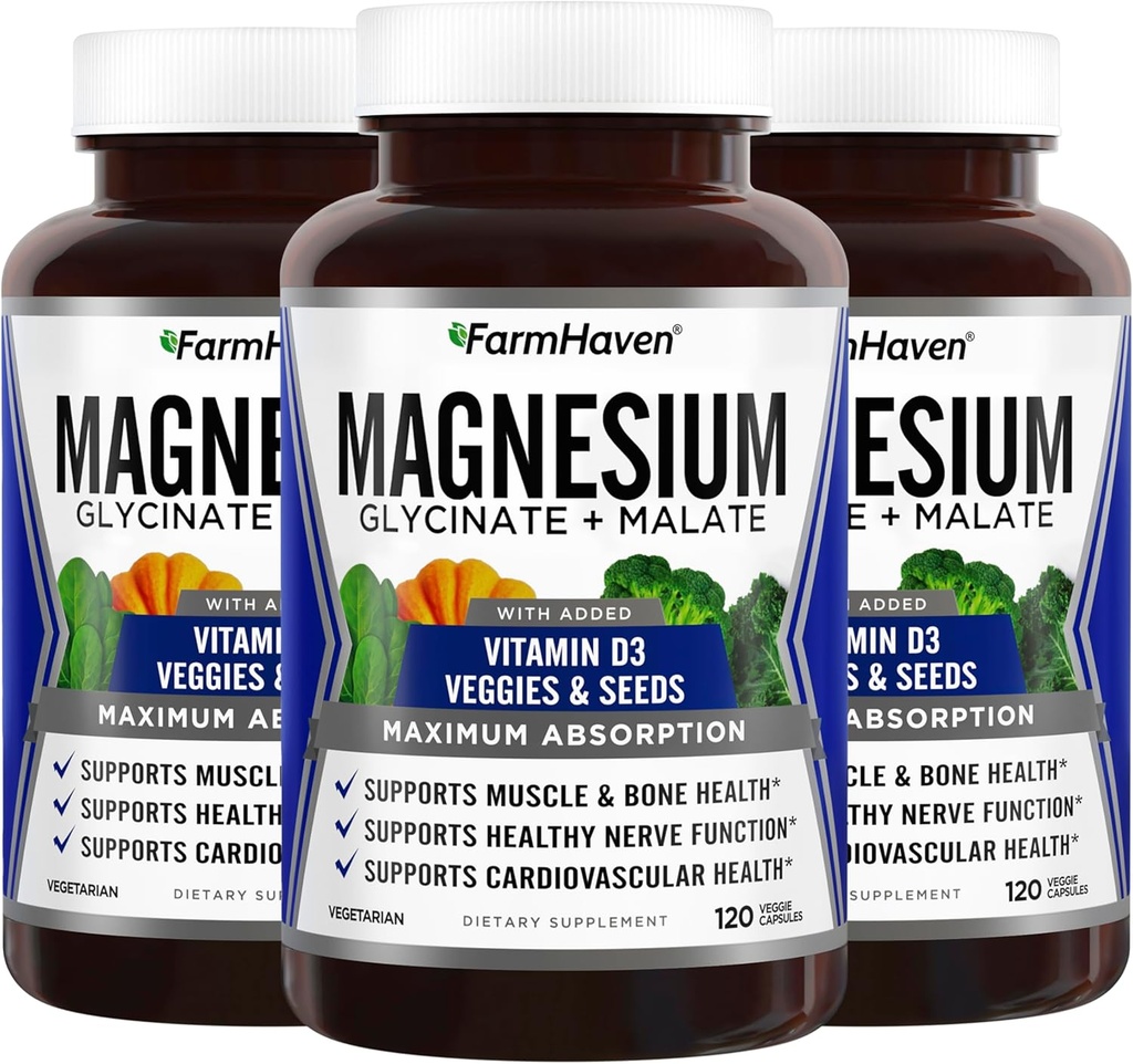 FarmHaven Magnesium Glycinate & Malate Complex w/ Vitamin D3, 100% Χηλικό για μέγιστη απορρόφηση, Vegan – Υγεία των οστών, Νεύρα, Μύες, 360 κάψουλες, 180 ημέρες