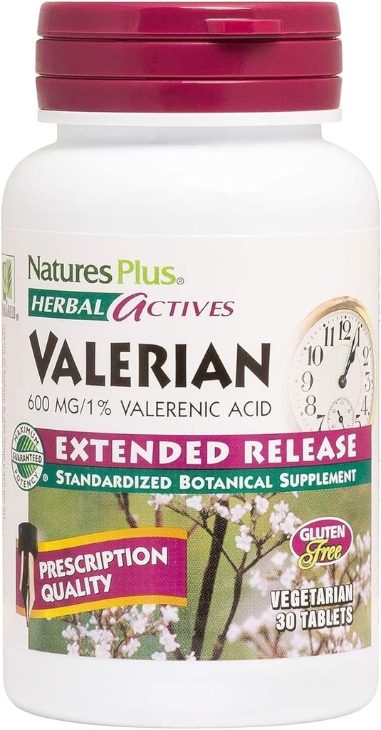 Natures Plus Herbal Actives Valerian Extended Release Tablets - 600 mg, 30 Vegan Tablets - Χορτοφαγικά, Χωρίς Γλουτένη - 30 Μερίδες