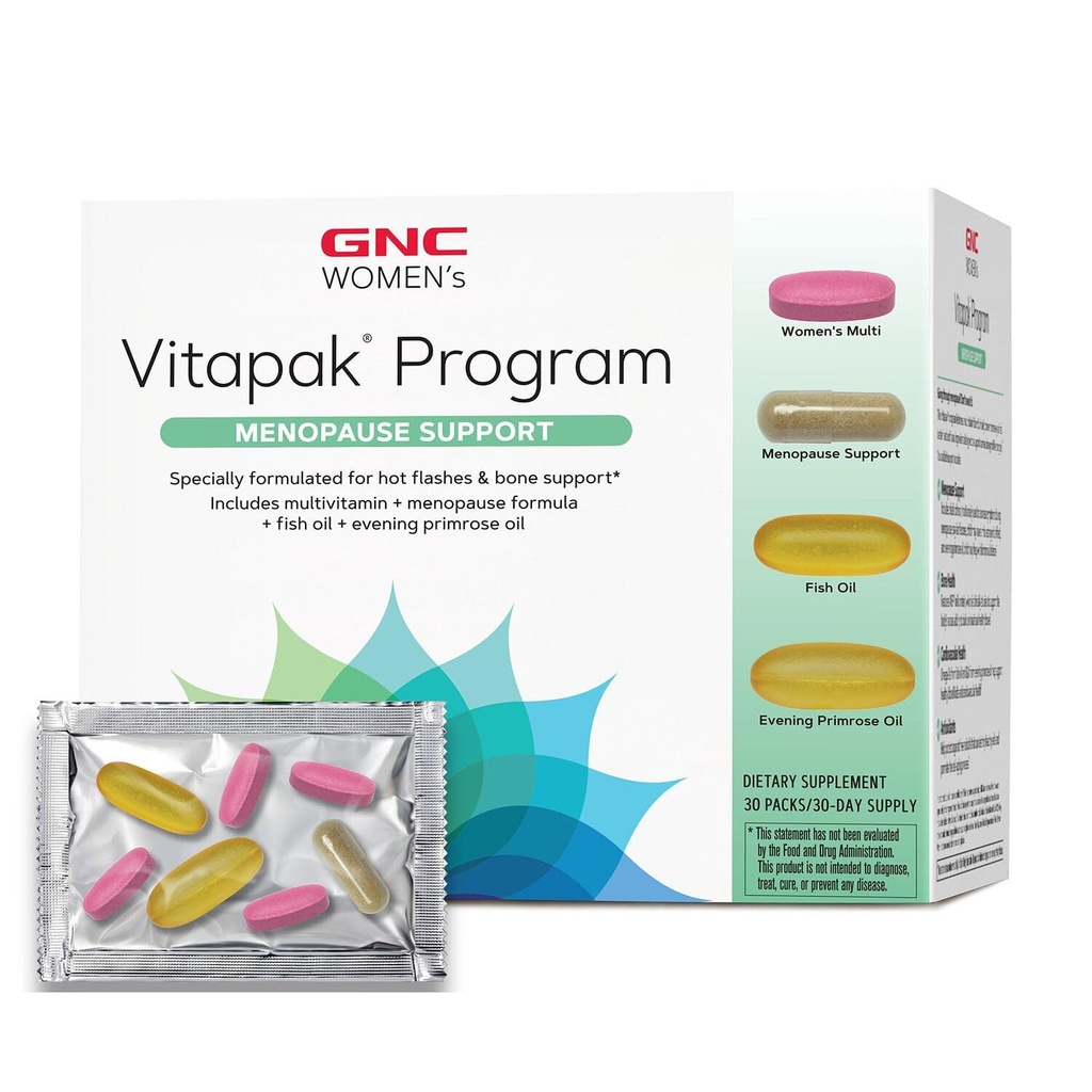 GNC Γυναικείο πρόγραμμα υποστήριξης της εμμηνόπαυσης Vitapak, πλήρης διατροφή 4 προϊόντα σε 1, Hot Flash υποστήριξη, ορμονική ισορροπία, Μαύρο Cohosh, Βραδινό λάδι Primrose, 30 ημερήσιες συσκευασίες