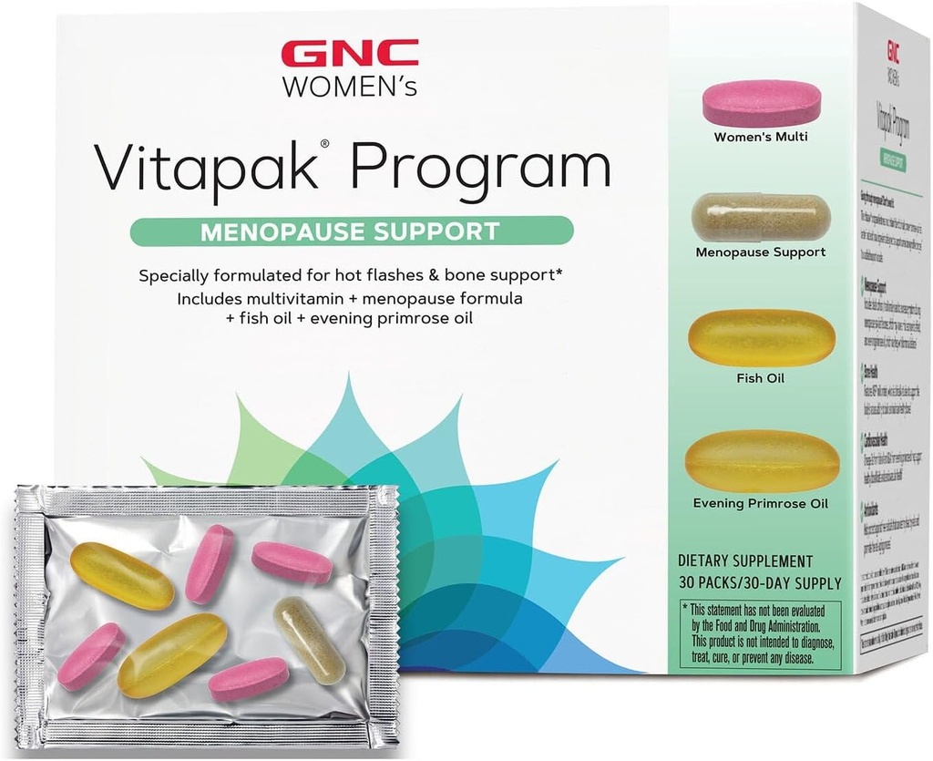 GNC Women’s Menopause Support Vitapak Program, Complete Nutrition 4 Products in 1, Hot Flash Support, Hormonal Balance, Black Cohosh, Evening Primrose Oil, 30 Daily Packs