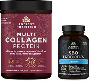 Ancient Nutrition SBO Ultimate Probiotics Capsules, 60 Count + Multi Collagen Protein Powder, Unflavored, 45 Servings