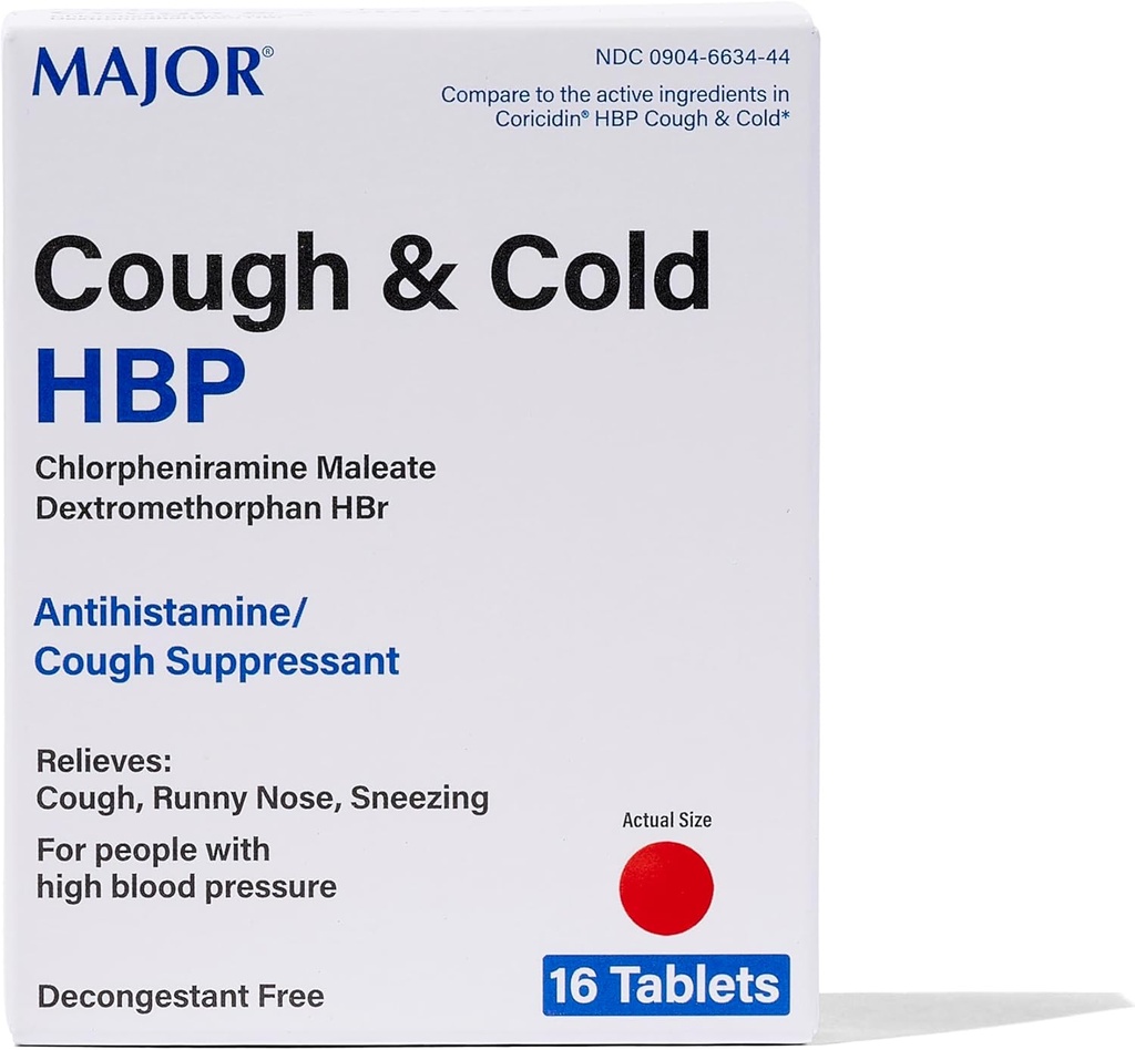Major Cough and Cold HBP Tablets - Αντιισταμινικό και Καταπραϋντικό για άτομα με υψηλή αρτηριακή πίεση - Dextromethorphan HBr, Chlorpheniramine Maleate - 16 Count (1 Pack)