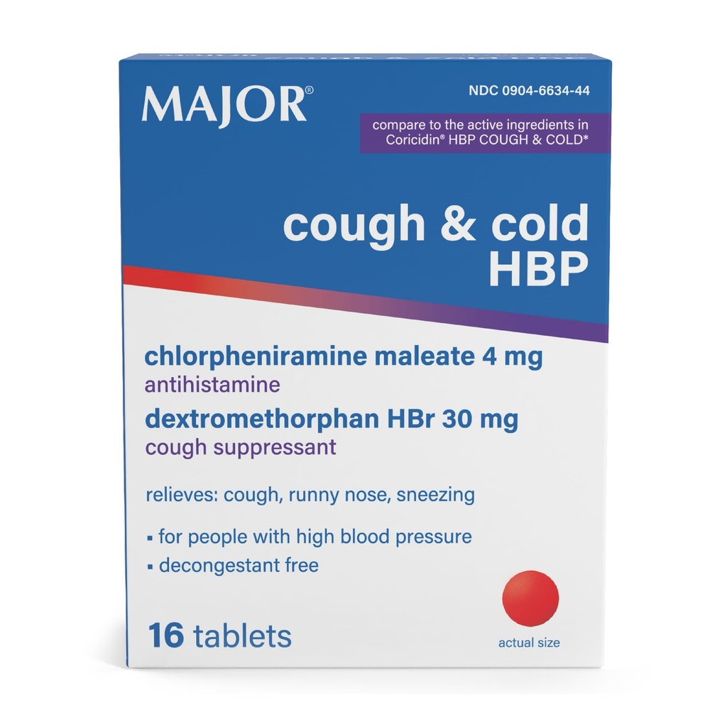 Major Cough and Cold HBP Tablets - Αντιισταμινικό και Καταπραϋντικό για άτομα με υψηλή αρτηριακή πίεση - Dextromethorphan HBr, Chlorpheniramine Maleate - 16 Count (1 Pack)