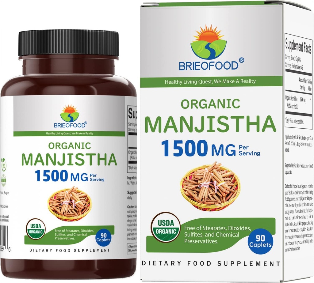 Brieofood Organic Manjistha 1500mg, 45 μερίδες, χορτοφάγοι, χωρίς γλουτένη, 90 χορτοφαγικά δισκία